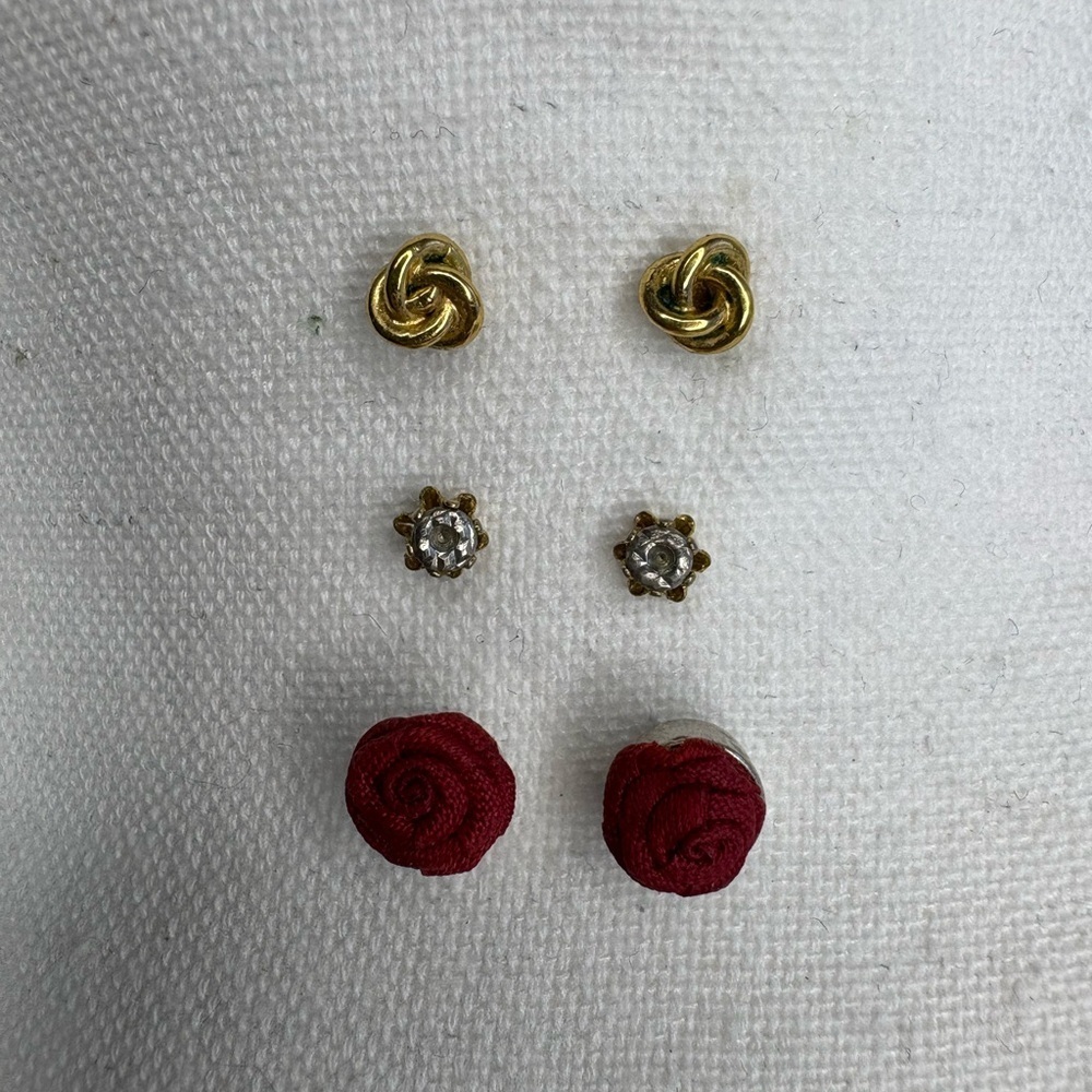 Set of Three Pairs Small Stud Earrings. Roses, Knots. Vintage